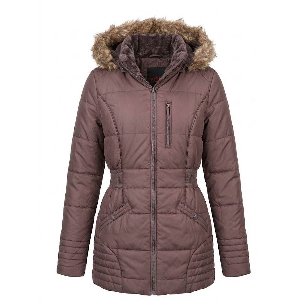 Yoki Puffer Jacket Womens L Brown Faux Fur Hood Parka Quilted Utilitarian Chic